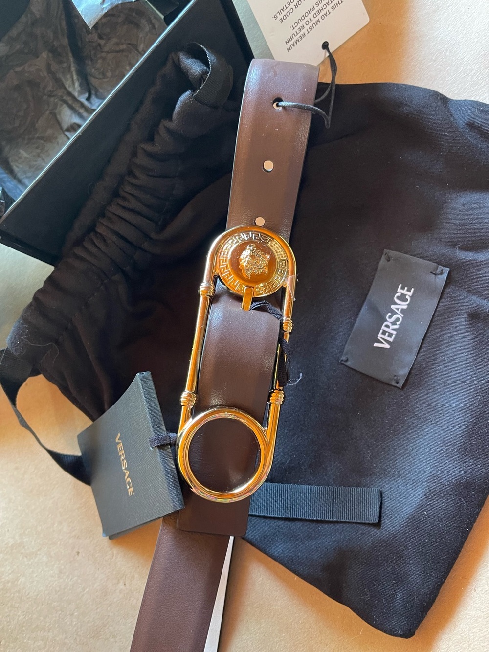 NWT Versace Brown Leather Belt with Gold Medusa Hardware